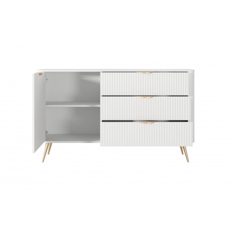 Weiße Kommode LANTE 138 cm - eintürig, 3 Schubladen, geriffelte Fronten, Goldakzente 2/9