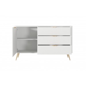 Weiße Kommode LANTE 138 cm - eintürig, 3 Schubladen, geriffelte Fronten, Goldakzente 2/9