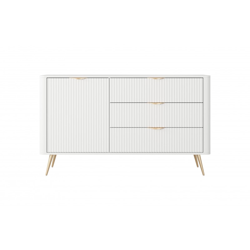 Weiße Kommode LANTE 138 cm - eintürig, 3 Schubladen, geriffelte Fronten, Goldakzente 3/9