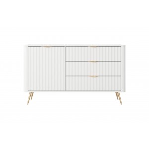 Weiße Kommode LANTE 138 cm - eintürig, 3 Schubladen, geriffelte Fronten, Goldakzente 3/9