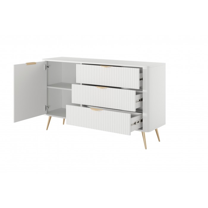 Weiße Kommode LANTE 138 cm - eintürig, 3 Schubladen, geriffelte Fronten, Goldakzente