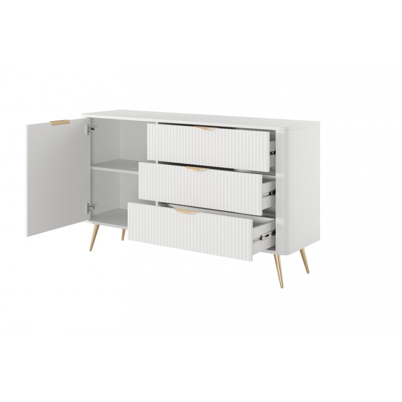 Weiße Kommode LANTE 138 cm - eintürig, 3 Schubladen, geriffelte Fronten, Goldakzente 4/9