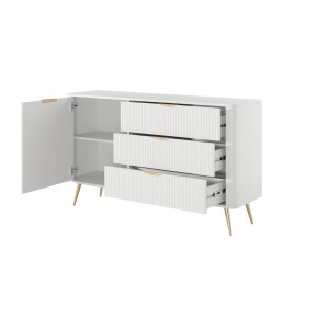 Weiße Kommode LANTE 138 cm - eintürig, 3 Schubladen, geriffelte Fronten, Goldakzente 4/9
