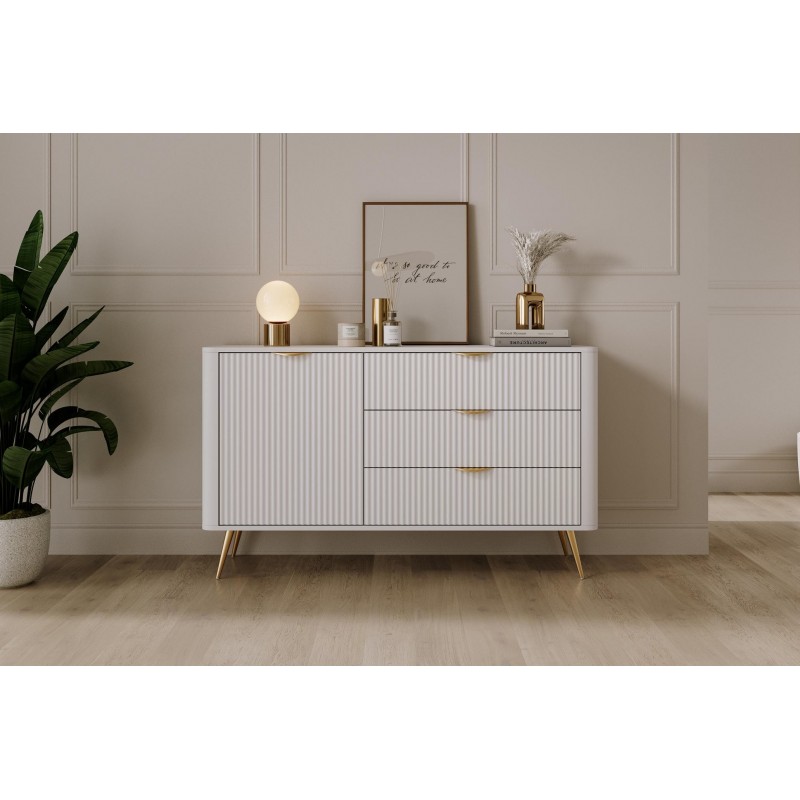 Weiße Kommode LANTE 138 cm - eintürig, 3 Schubladen, geriffelte Fronten, Goldakzente 5/9