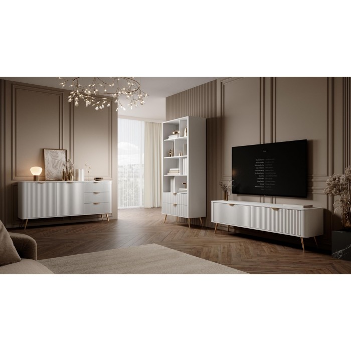 Weiße Kommode LANTE 138 cm - eintürig, 3 Schubladen, geriffelte Fronten, Goldakzente