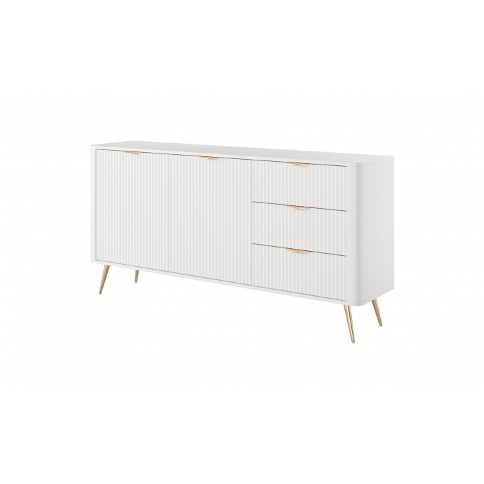 Weiß LANTE Kommode 163 cm - 2 Türen, 3 Schubladen, geriffelte Fronten, goldene Griffe und Beine