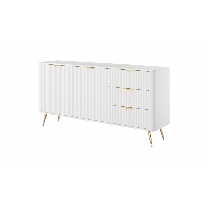 Weiß LANTE Kommode 163 cm - 2 Türen, 3 Schubladen, geriffelte Fronten, goldene Griffe und Beine 1/9