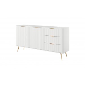 Weiß LANTE Kommode 163 cm - 2 Türen, 3 Schubladen, geriffelte Fronten, goldene Griffe und Beine 1/9