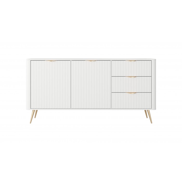 Weiß LANTE Kommode 163 cm - 2 Türen, 3 Schubladen, geriffelte Fronten, goldene Griffe und Beine
