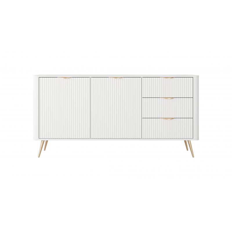 Weiß LANTE Kommode 163 cm - 2 Türen, 3 Schubladen, geriffelte Fronten, goldene Griffe und Beine 2/9