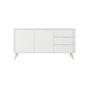 Weiß LANTE Kommode 163 cm - 2 Türen, 3 Schubladen, geriffelte Fronten, goldene Griffe und Beine 2/9