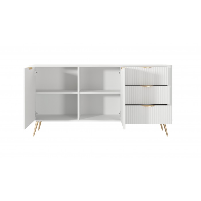 Weiß LANTE Kommode 163 cm - 2 Türen, 3 Schubladen, geriffelte Fronten, goldene Griffe und Beine