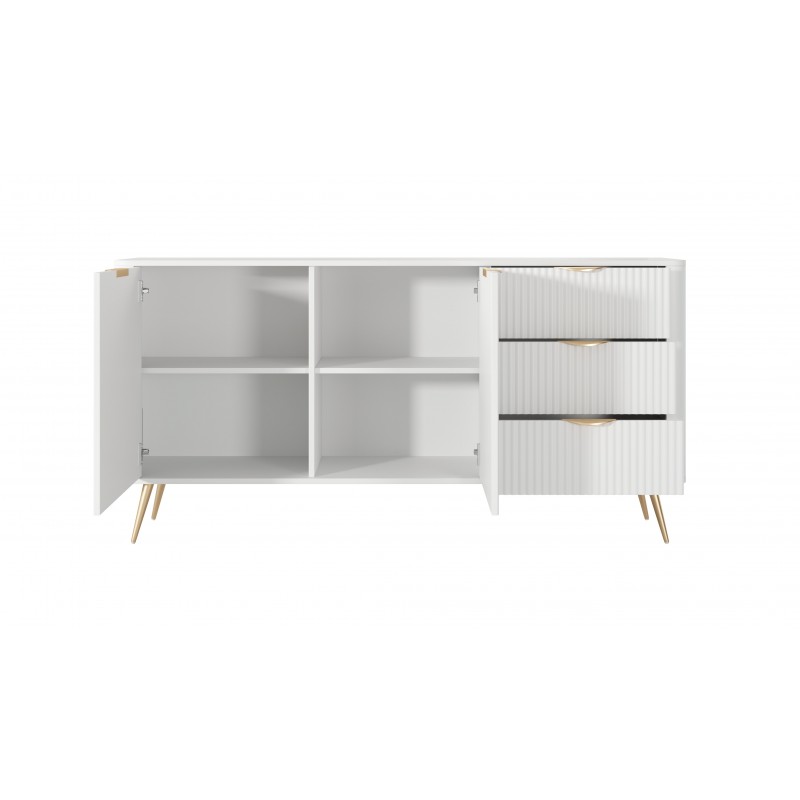 Weiß LANTE Kommode 163 cm - 2 Türen, 3 Schubladen, geriffelte Fronten, goldene Griffe und Beine 3/9