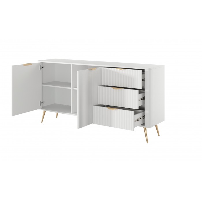 Weiß LANTE Kommode 163 cm - 2 Türen, 3 Schubladen, geriffelte Fronten, goldene Griffe und Beine