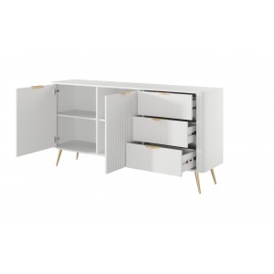 Weiß LANTE Kommode 163 cm - 2 Türen, 3 Schubladen, geriffelte Fronten, goldene Griffe und Beine 4/9