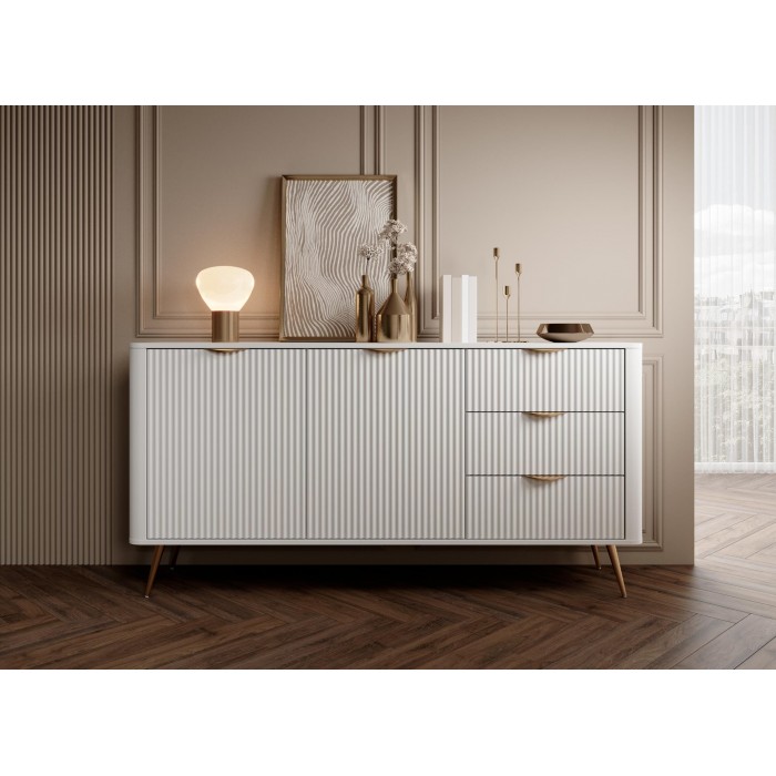 Weiß LANTE Kommode 163 cm - 2 Türen, 3 Schubladen, geriffelte Fronten, goldene Griffe und Beine