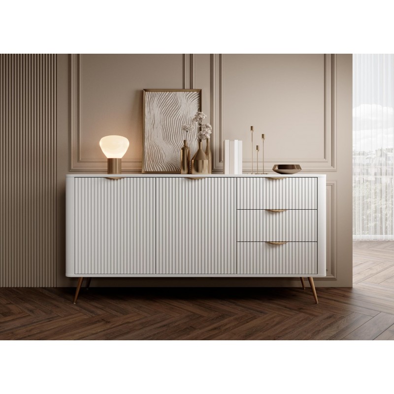 Weiß LANTE Kommode 163 cm - 2 Türen, 3 Schubladen, geriffelte Fronten, goldene Griffe und Beine 5/9