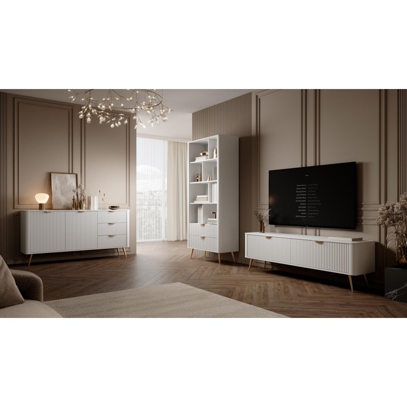 Weiß LANTE Kommode 163 cm - 2 Türen, 3 Schubladen, geriffelte Fronten, goldene Griffe und Beine 6/9