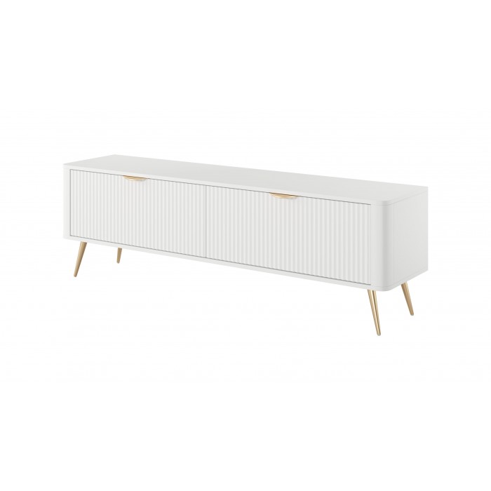 Weißer Schrank RTV LANTE 163 cm - geriffelte Fronten, 2 Flügeltüren, goldene Beine, ideal für das Wohnzimmer