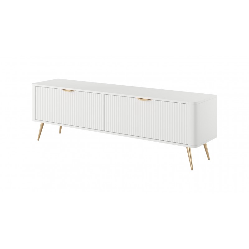 Weißer Schrank RTV LANTE 163 cm - geriffelte Fronten, 2 Flügeltüren, goldene Beine, ideal für das Wohnzimmer 1/9