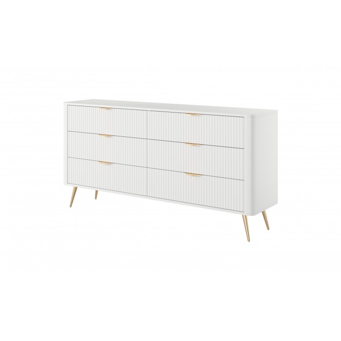 Kommode LANTE 163 cm - weiß, 6 Schubladen, kannelierte Fronten, goldene Griffe und Beine, einzigartige Eleganz