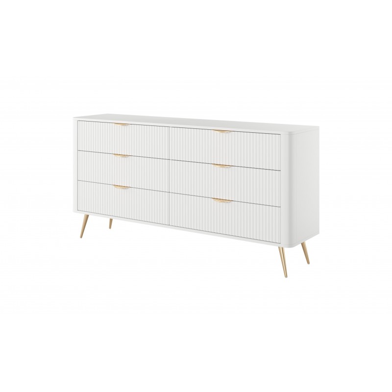 Kommode LANTE 163 cm - weiß, 6 Schubladen, kannelierte Fronten, goldene Griffe und Beine, einzigartige Eleganz 1/9