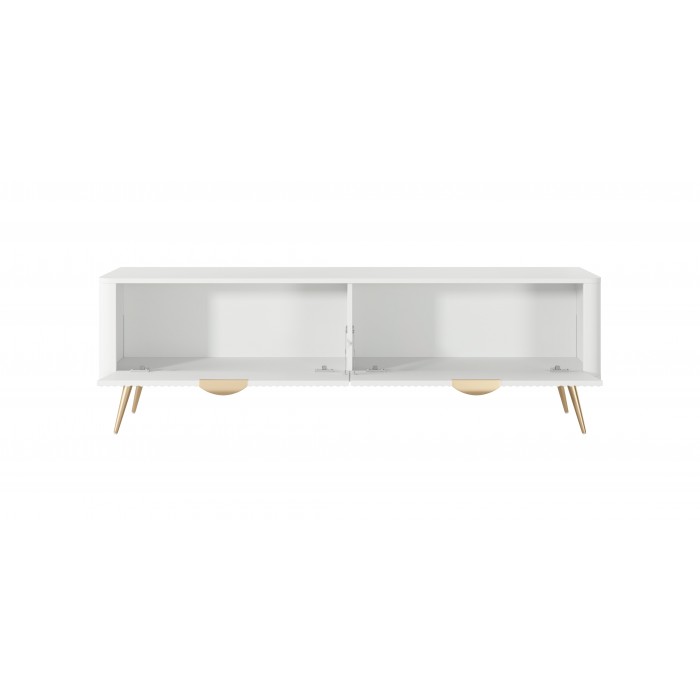 Weißer Schrank RTV LANTE 163 cm - geriffelte Fronten, 2 Flügeltüren, goldene Beine, ideal für das Wohnzimmer