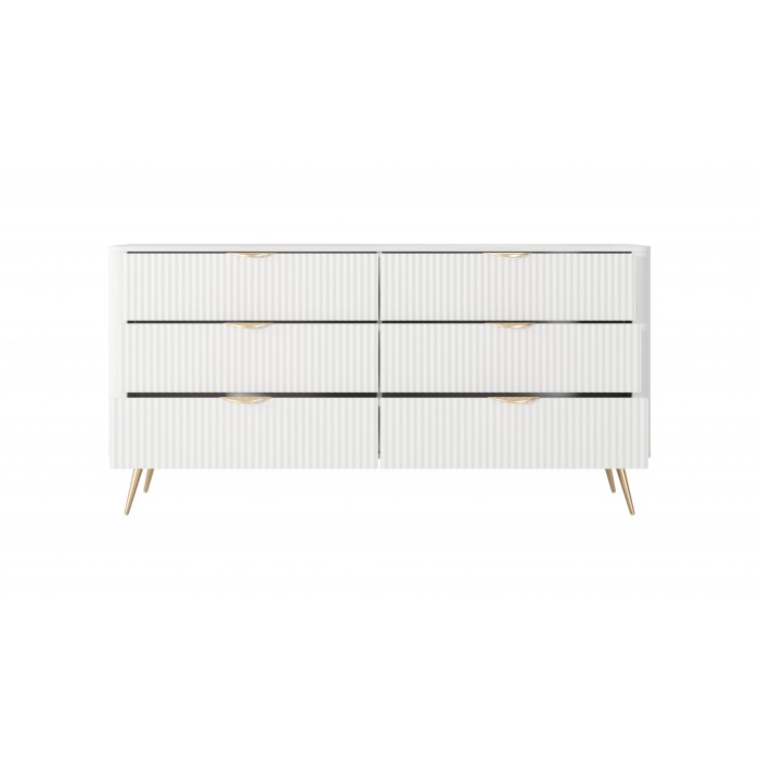 Kommode LANTE 163 cm - weiß, 6 Schubladen, kannelierte Fronten, goldene Griffe und Beine, einzigartige Eleganz