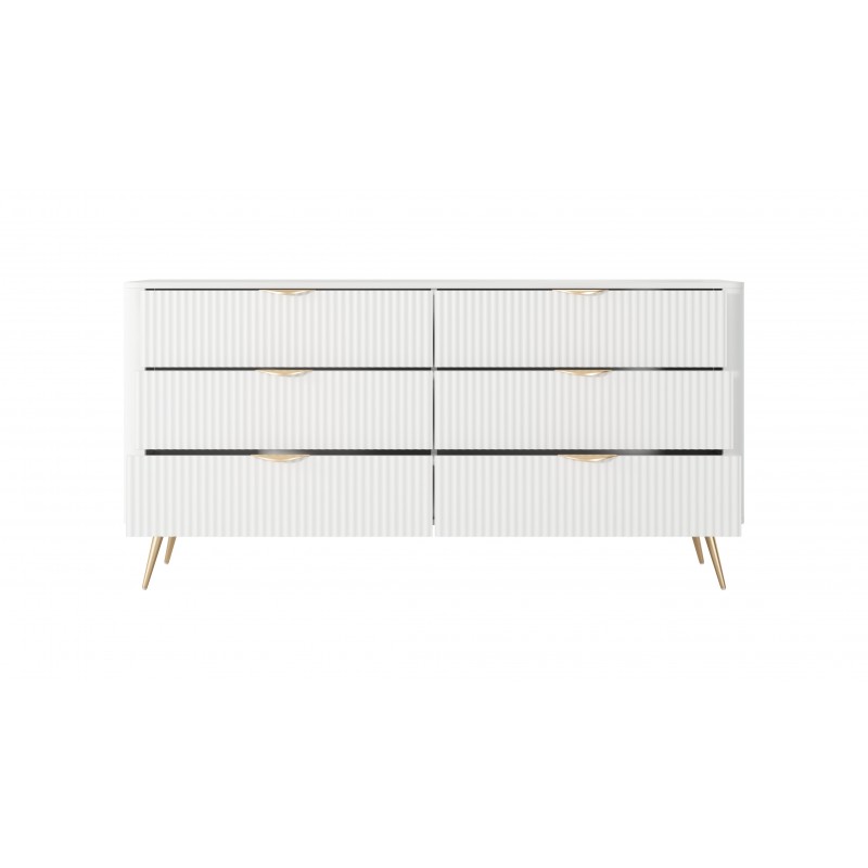 Kommode LANTE 163 cm - weiß, 6 Schubladen, kannelierte Fronten, goldene Griffe und Beine, einzigartige Eleganz 2/9