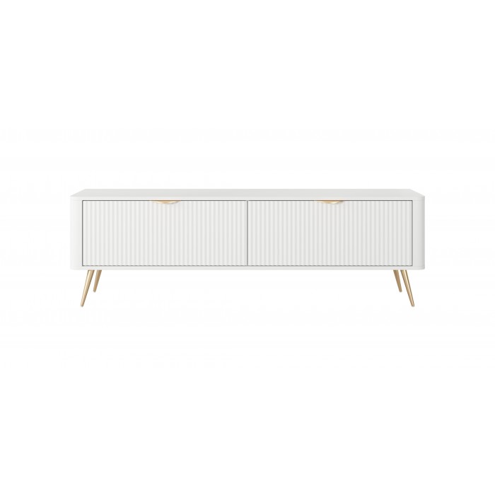 Weißer Schrank RTV LANTE 163 cm - geriffelte Fronten, 2 Flügeltüren, goldene Beine, ideal für das Wohnzimmer
