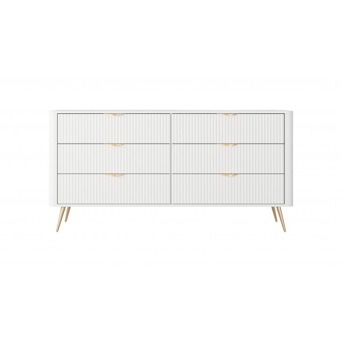 Kommode LANTE 163 cm - weiß, 6 Schubladen, kannelierte Fronten, goldene Griffe und Beine, einzigartige Eleganz