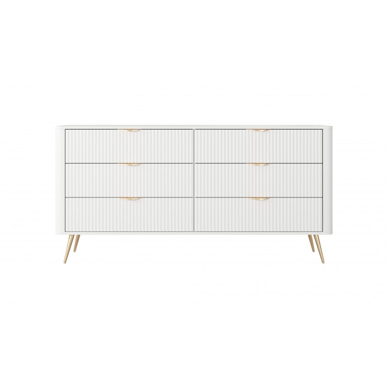 Kommode LANTE 163 cm - weiß, 6 Schubladen, kannelierte Fronten, goldene Griffe und Beine, einzigartige Eleganz 3/9