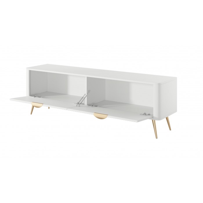 Weißer Schrank RTV LANTE 163 cm - geriffelte Fronten, 2 Flügeltüren, goldene Beine, ideal für das Wohnzimmer
