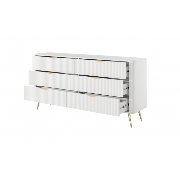 Kommode LANTE 163 cm - weiß, 6 Schubladen, kannelierte Fronten, goldene Griffe und Beine, einzigartige Eleganz