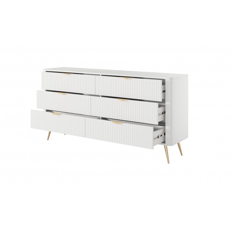 Kommode LANTE 163 cm - weiß, 6 Schubladen, kannelierte Fronten, goldene Griffe und Beine, einzigartige Eleganz 4/9