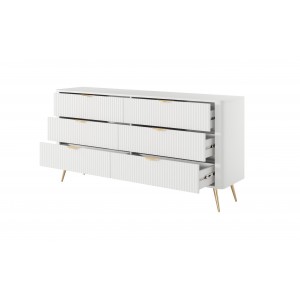 Kommode LANTE 163 cm - weiß, 6 Schubladen, kannelierte Fronten, goldene Griffe und Beine, einzigartige Eleganz 4/9