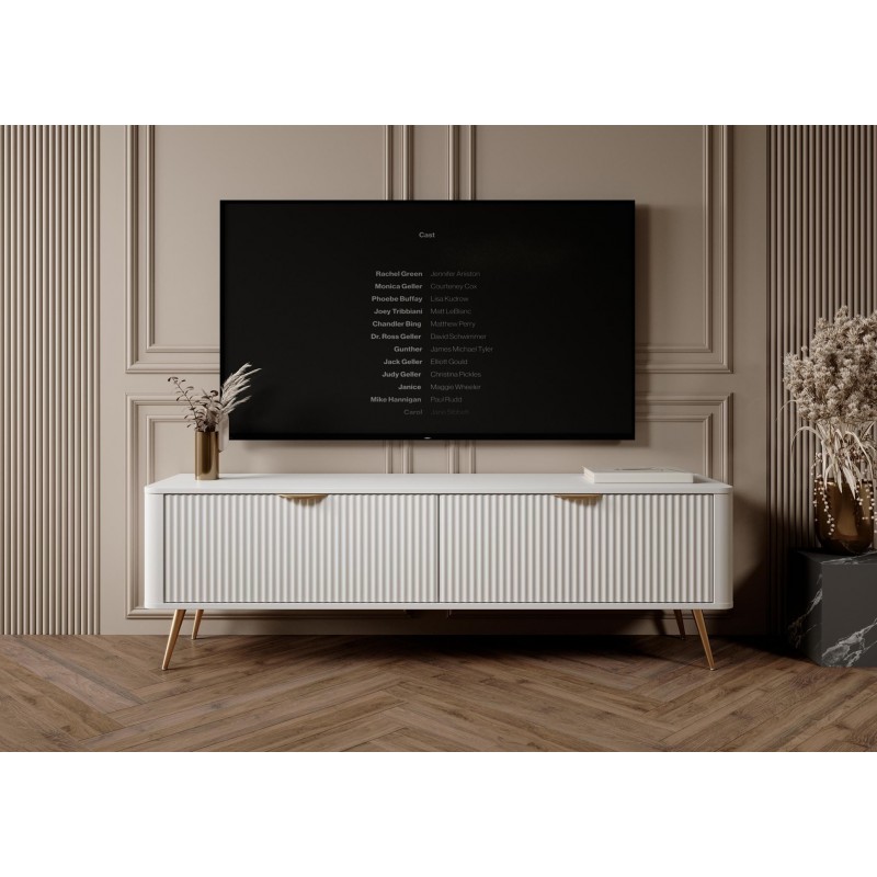 Weißer Schrank RTV LANTE 163 cm - geriffelte Fronten, 2 Flügeltüren, goldene Beine, ideal für das Wohnzimmer 5/9