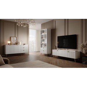 Weißer Schrank RTV LANTE 163 cm - geriffelte Fronten, 2 Flügeltüren, goldene Beine, ideal für das Wohnzimmer 6/9