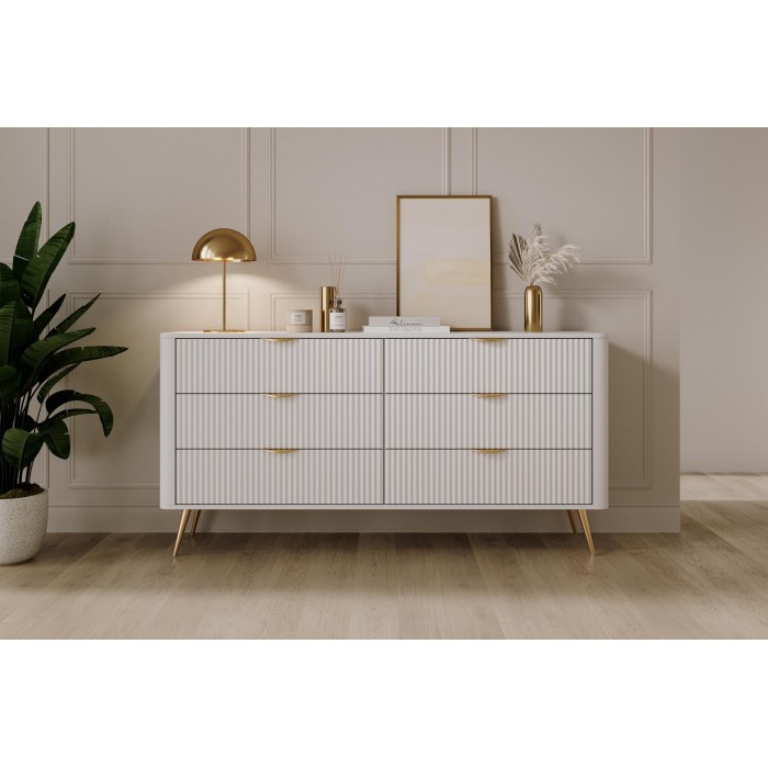 Kommode LANTE 163 cm - weiß, 6 Schubladen, kannelierte Fronten, goldene Griffe und Beine, einzigartige Eleganz