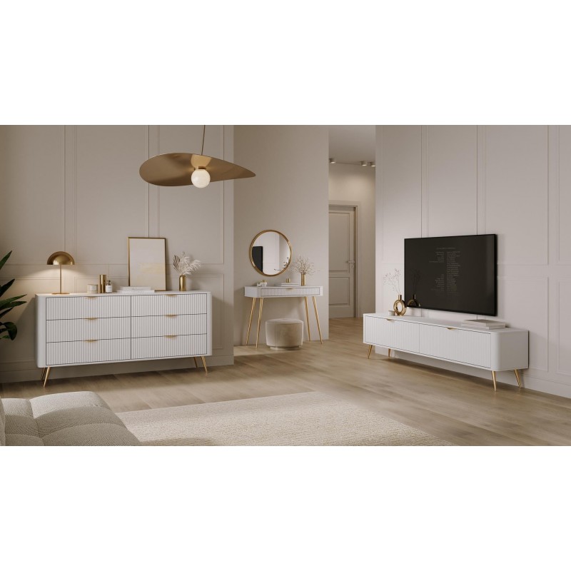 Kommode LANTE 163 cm - weiß, 6 Schubladen, kannelierte Fronten, goldene Griffe und Beine, einzigartige Eleganz 6/9