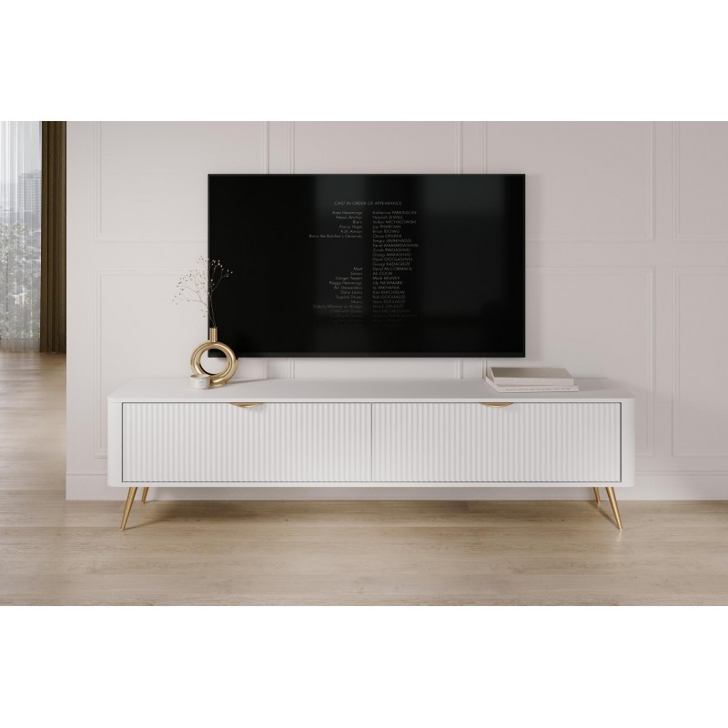 RTV-Schrank LANTE 200 cm in Weiß - geriffelte Fronten, goldene Details 5/9