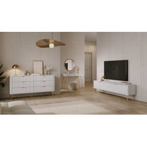 RTV-Schrank LANTE 200 cm in Weiß - geriffelte Fronten, goldene Details 6/9