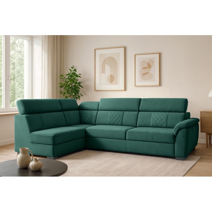 RAVINI Ecksofa in Veloursgrün mit gesteppter...