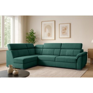 RAVINI Ecksofa in Veloursgrün mit gesteppter Rückenlehne, Schlaffunktion und verstellbaren Kopfstützen 1/9