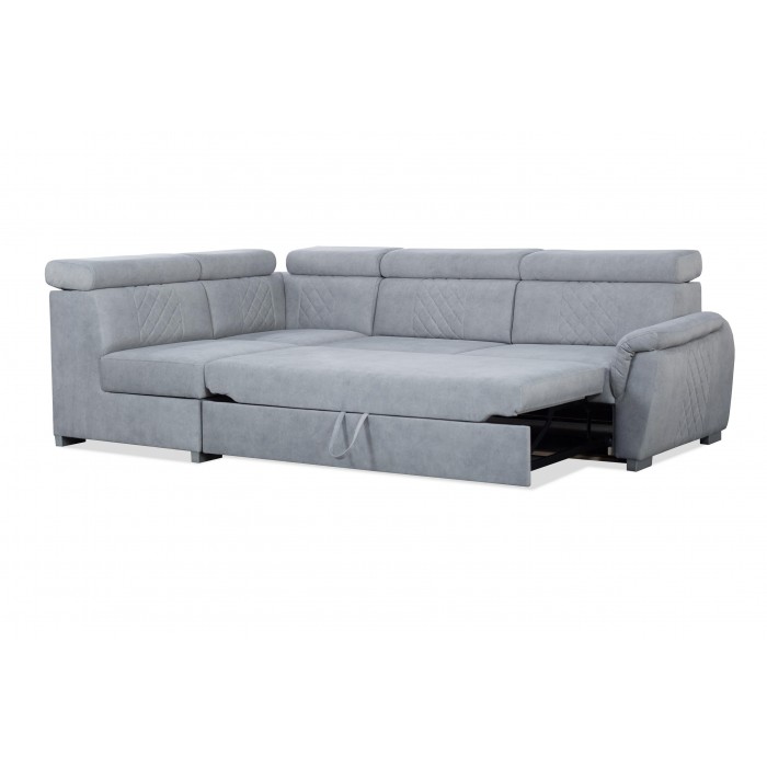 RAVINI Ecksofa in Veloursgrün mit gesteppter Rückenlehne, Schlaffunktion und verstellbaren Kopfstützen