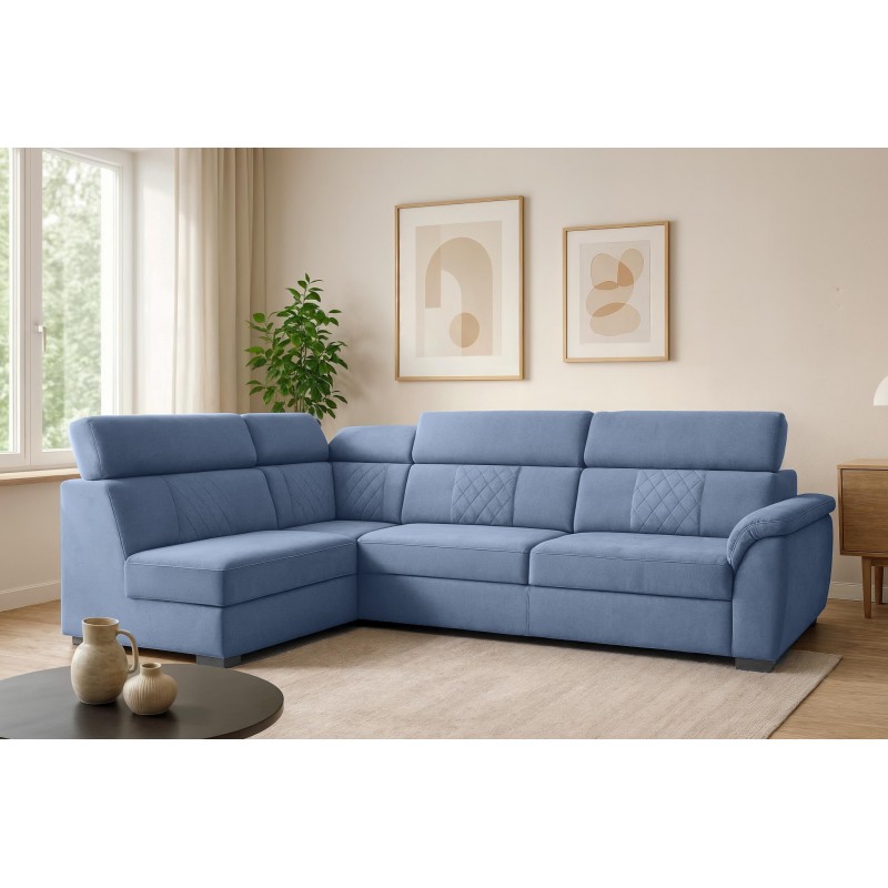 RAVINI gestepptes Ecksofa mit Bettzeugablage und verstellbaren Kopfstützen blau 1/9