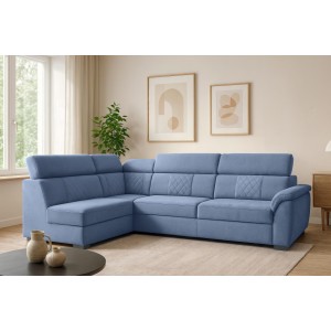 RAVINI gestepptes Ecksofa mit Bettzeugablage und verstellbaren Kopfstützen blau 1/9