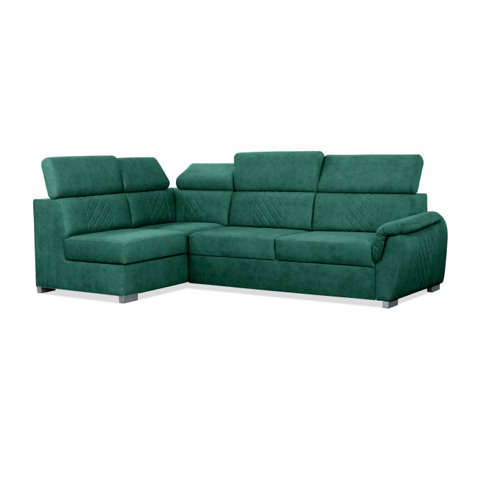 RAVINI Ecksofa in Veloursgrün mit gesteppter Rückenlehne, Schlaffunktion und verstellbaren Kopfstützen