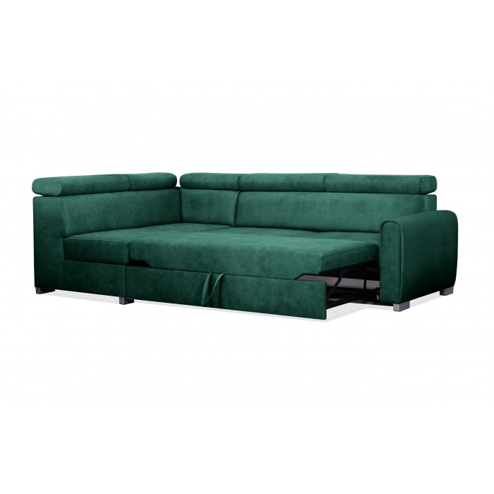 COVO Velours-Ecksofa mit Bettzeugablage und verstellbaren Kopfstützen grün