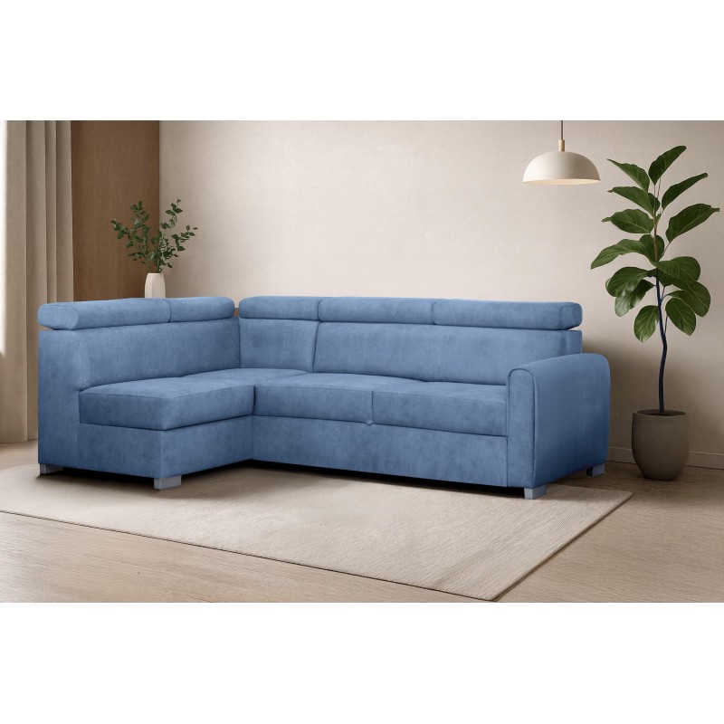 COVO Ecksofa aus blauem Velours mit Schlaffunktion und verstellbaren Kopfstützen 1/9